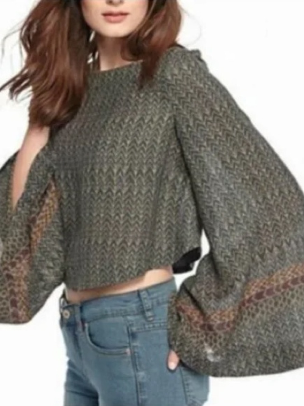 Free People Jade Green Stars Aligned Patterned Bell Sleeve Crop Blouse Top - Picture 14 of 14